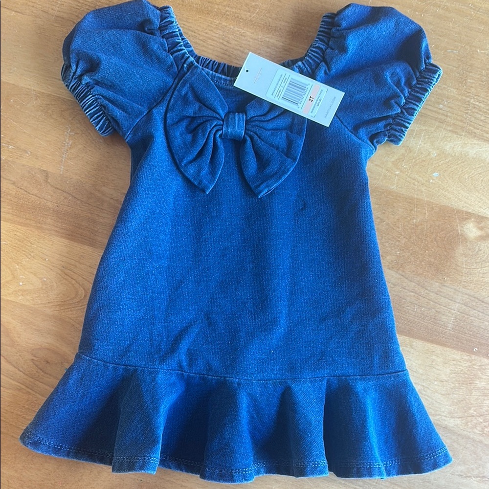 Girls Blue Bow-Accent Puff Sleeve Dress